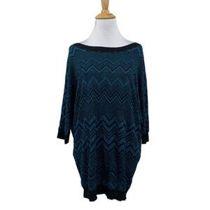 Express Sweater Women L Blue Black Chevron Knit Boat Neck Dolman Sleeve Pullover
